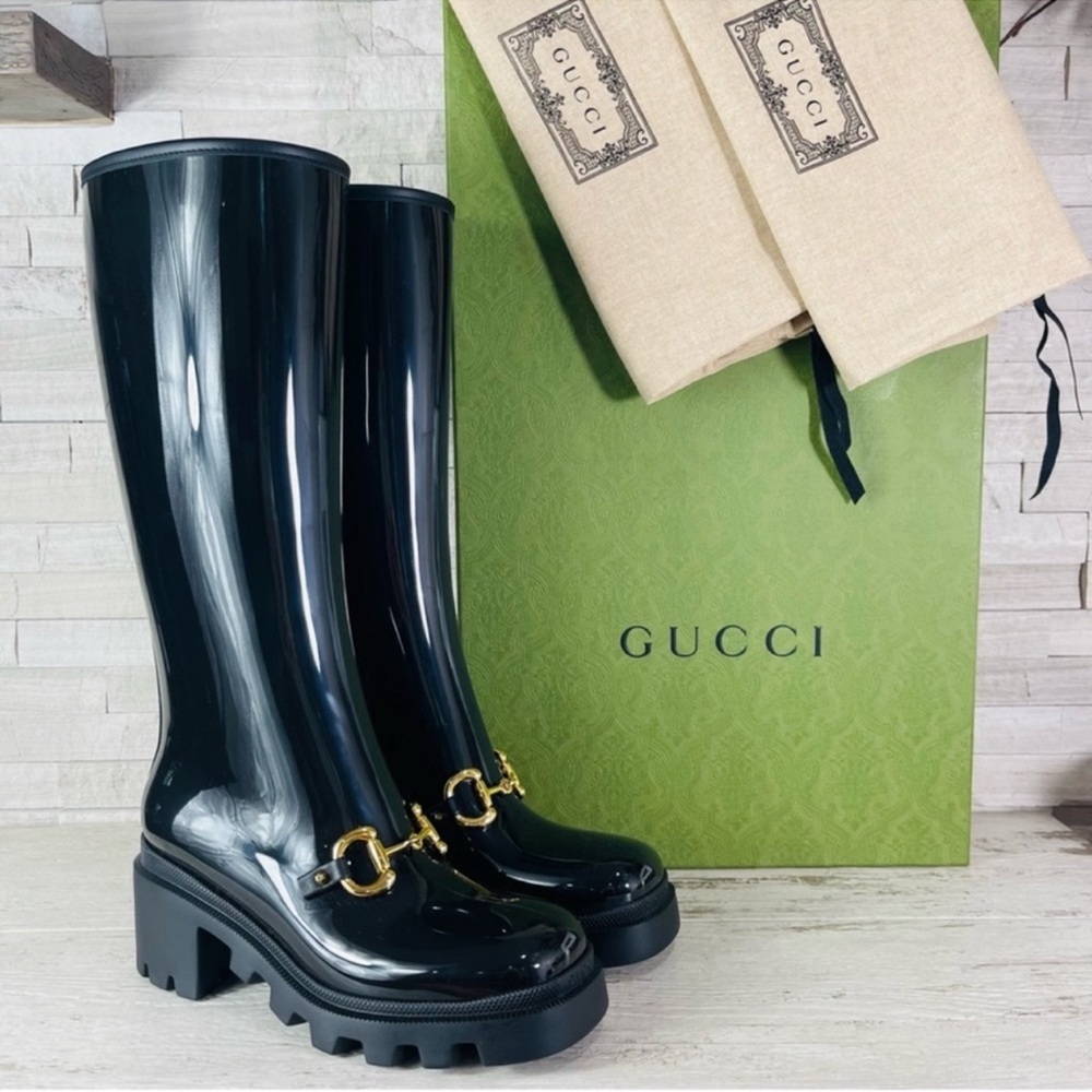 Gucci NWB Size 38 Black Gloss Rubber Insulated Horsebit Knee-High Rain Boot NWT